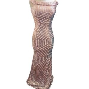Rose Gold Sequin Geometric Art Deco Mermaid Maxi‎ Dress Off Shoulder Formal Gown